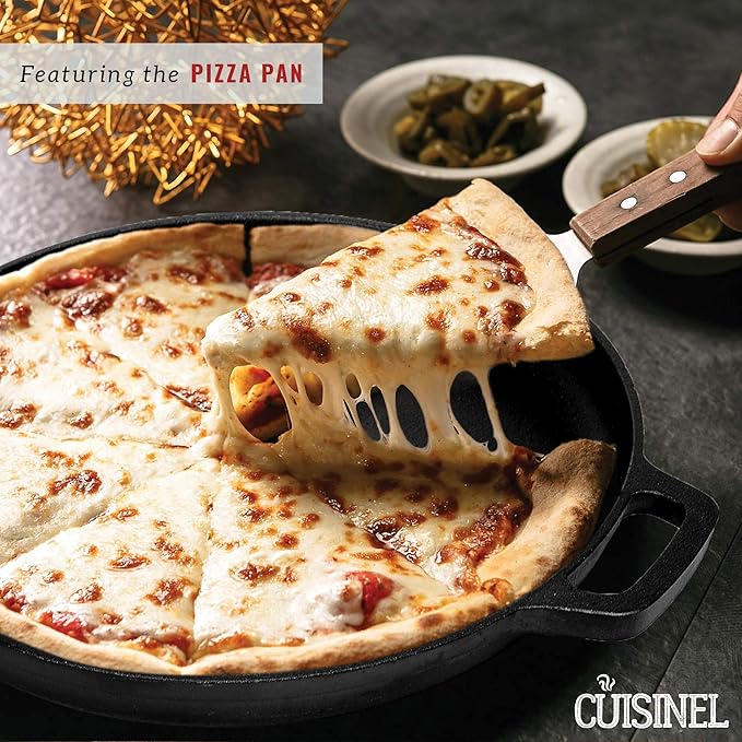 Cuisinel Cast Iron Cookware Set - 6-Pieces Pre-Seasoned Kit: 10"+12" Skillet + Glass Lids + Pizza Pan + Pan Rack Organizer + Silicone Handle Covers + Scraper/Cleaner - Grill, Camping, Indoor/Outdoor
