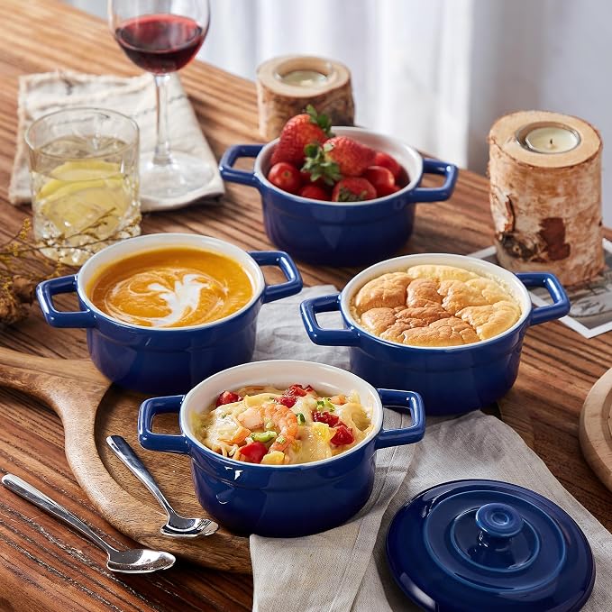Lareina Mini Cocotte - 12oz Ceramic Casserole Dishes - Kitchen Casserole Sets With Handles And Lid - Small Baking Ramekins - Oven, Microwave & Dishwasher Safe - Set of 4 - Blue