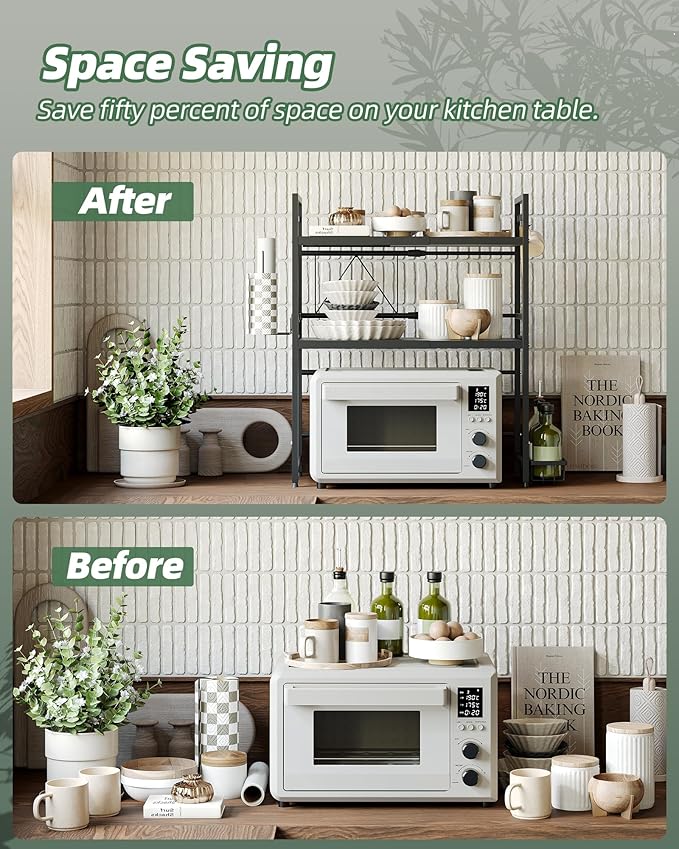 NETEL Expandable Microwave Stand,3 Tier Metal Kitchen Countertop Organizer Shelves with Paper Towel Holder and Baskets,Bakers Rack,Microwave Shelf,Microwave Oven Rack,110lbs Weight Capacity