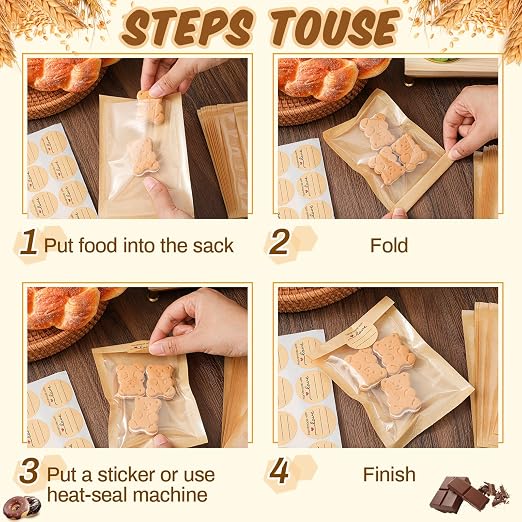 Outus 100 Pcs Cookie Packaging Bags with Seal, 4 x 6 Inch Bakery Pastry Bags with Window, Heat Sealable Grease Resistant Paper to Go Bake Sleeves for Gift Giving Donut Bread Sandwich (Brown)