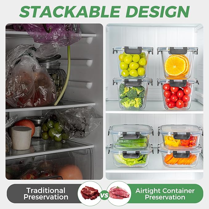 4 Pack 27oz Glass Food Storage Containers with Lids and 4 Pack 32OZ Glass Meal Prep Containers Microwave, Oven, Freezer and Dishwasher, BPA Free
