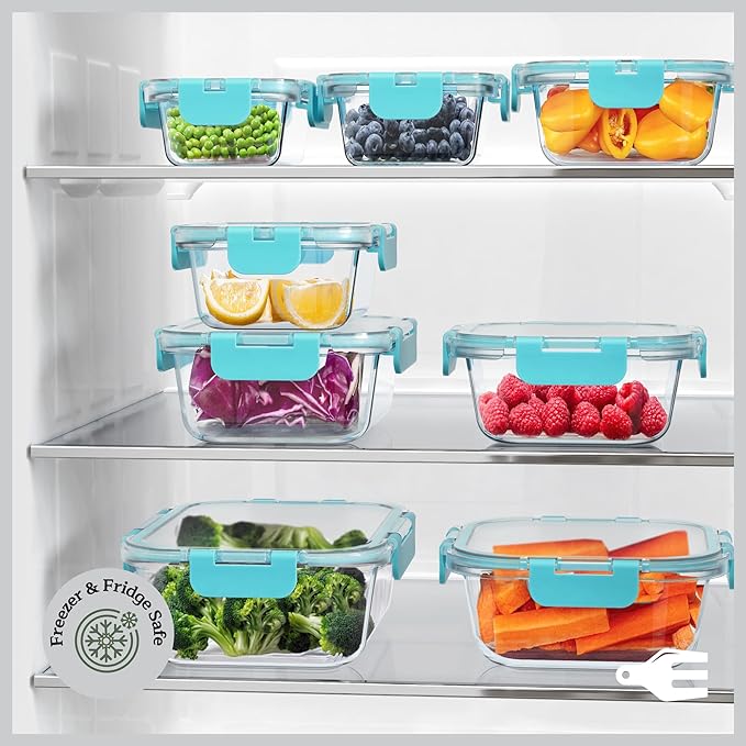 Emporio Kitchen Borosilicate Glass Food Storage Containers with Lids 24 Pieces, BPA-Free Stackable Lunch & Leftover Containers, Microwave, Freezer & Dishwasher Safe, 100% Airtight Leak-Proof, Aqua