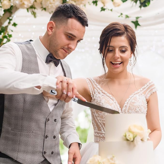 Wedding Cake Knife and Sever Set, Mr and Mrs Champagne Flutes and Cake Cutting Set for Bride Shower Engagement Gfits for Couples