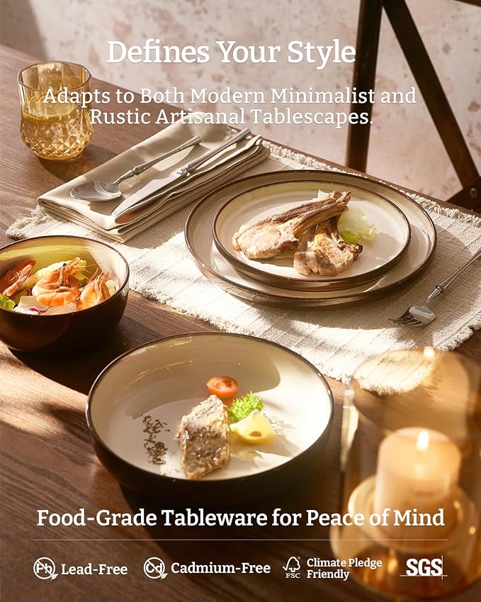 Famiware Milkyway Stoneware Dinnerware Set, 18-Piece, Double Reactive Glaze, Plates and Bowls, Service for 6, Microwave and Dishwasher Safe, Scratch-Resistant, Light khaki & Cocoa