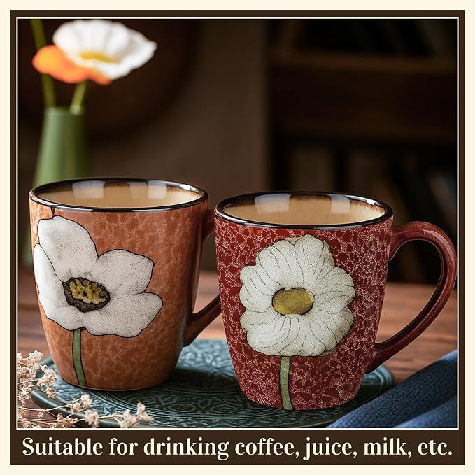 Maxdot 2 Pcs 12oz Ceramic Coffee Mugs Sets Glazing Process Cappuccino Mug Floral Ceramic Tea Cups Idea Gift Set for Women Porcelain Cup for Coffee, Cocoa, Tea, Latte (Retro) (Vintage)
