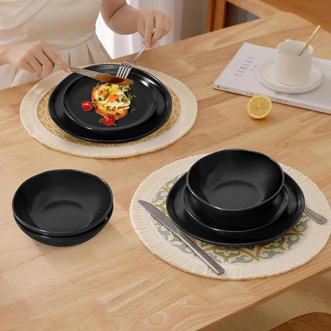 Herogo Stoneware Dinnerware Sets for 6, 18 Piece Ceramic Dinner Dishes Set, Irregular Handmade Plates and Bowls Dishware, Crack and Scratch Resistant, Reactive Glaze,Matte Black