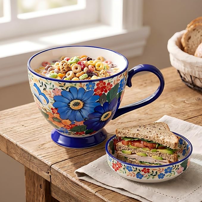 Hand-Painted Ceramic Soup Bowl with Handle & Lid, Large Coffee Mug | 17oz Polish Pottery Decorative Tea Cup & Saucer, Microwave Safe Cereal Bowl for Oatmeal, Ice Cream, Snacks, Gifts for Women