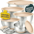 Baker's Signature Stainless Steel Mixing Bowls with Lids Set, 5 Sizes, 3 Graters, Non-Slip Base, Airtight Lids, Metal Mixing Bowls for Kitchen, Food Prep, Storage, 0.63QT-5QT, Khaki