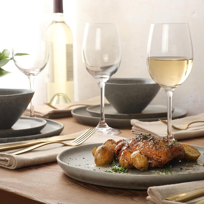 Gibson Elite Coastal Forest Plates and Bowls Sets, 12-Piece Stoneware Dinnerware Sets, Triple Reactive Glaze Dish Set - Slate Grey