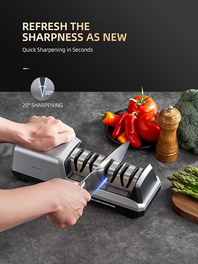 Reemix Electric Knife Sharpener with 4-Stage Sharpening (Repair, Coarse, Medium, Fine & Polish), 20° Fixed Angle, Non-Slip Base & Metal Shavings Collector for Kitchen Knives (Sliver)