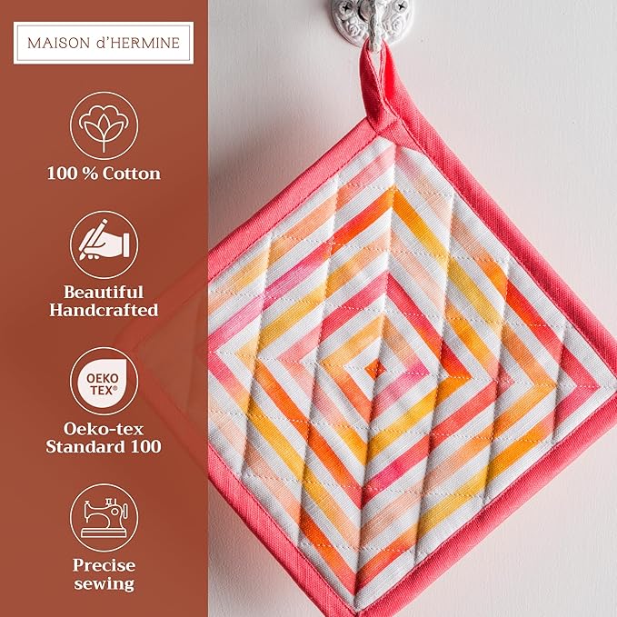 Maison d' Hermine Pot Holders 100% Cotton Heat Resistant Potholders 8" x 8" Hot Pads with Loop BBQ Cooking Baking Gifts for Mothers Day Handling Hot Pans Spring/Summer (Pack of 2, Summer Maze)