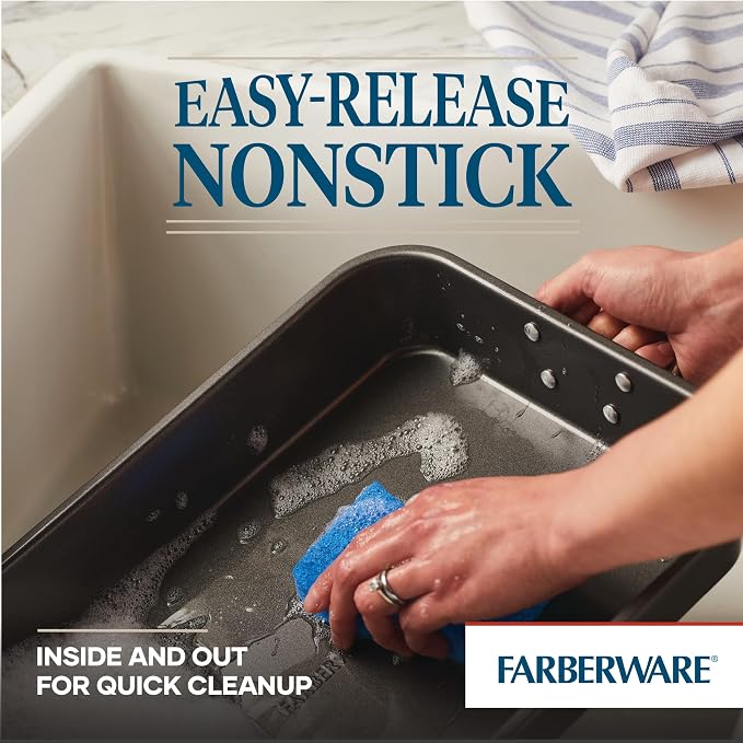 Farberware Bakeware Nonstick Roaster with Flat Rack, Roasting Pan with Rack For Home Cooking, 11-Inch x 15-Inch, Gray