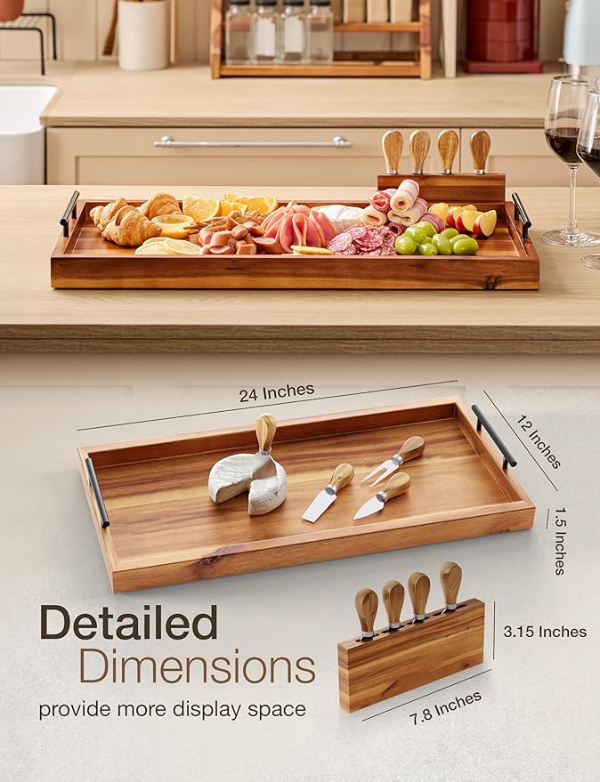TIDITA 24" Large Charcuterie Tray with Handles, Extra Long Wooden Serving Cheese Boards - Serving Platter for Meat, Party Appetizers, Outdoor & Fruits Display (Acacia Wood)