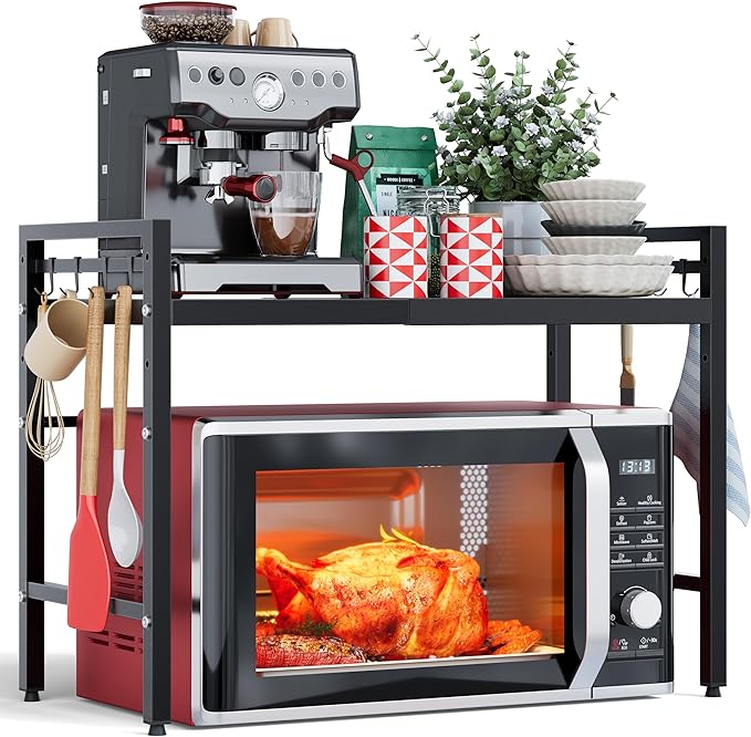 NETEL Expandable Microwave Stand,2 Tier Metal Kitchen Countertop Organizer Shelves with 8 Hooks,Bakers Rack,Microwave Shelf,Microwave Oven Rack,55lbs Weight Capacity