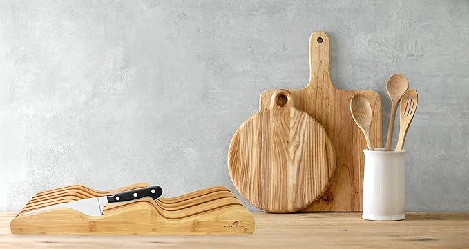 ROYALHOUSE Bamboo Knife Block Holder, In-Drawer Knife Drawer Organizer,Knife Block without Knives, Fit for 7 Knives, Perfect for Home and Chefs, Gift for Any Occasion and Housewarming