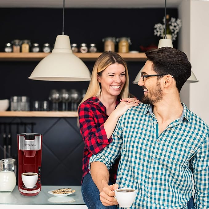 Mixpresso Red Single Serve Coffee Brewer K-Cup Pods Compatible & Ground, 30 oz Compact Coffee Maker Single Serve With 5 Brew Sizes Up To 14 Oz, Fits Travel Mug, Adjustable Drip Tray