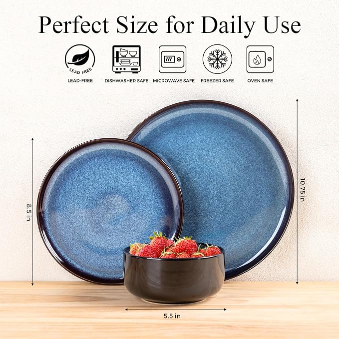 LeRatio Ceramic Dinnerware Sets for 4,Plates and Bowls Sets,Handmade Reactive Glaze Dishes Set,Chip Resistant and Scratch Resistant | Oven&Dishwasher & Microwave Safe,Service for 4
