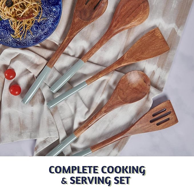 Folkulture Wooden Spoons for Cooking | 12" Premium Acacia Wooden Utensil Set of 5|Pot Holders for Kitchen | Pack of 2 (8x8) Ribbed Soft Silicone Hot Pads for Kitchen |Oven Pot Holders Set