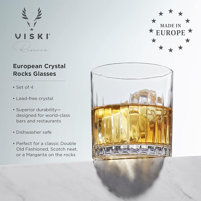 Viski Reserve Milo Crystal Old Fashioned Rocks Glasses, European Crafted Whiskey Glasses for Bourbon, Scotch, Cocktails, Barware Gifts for Men, Man Cave Essentials, Home Bar Glassware, 12 oz, Set of 4