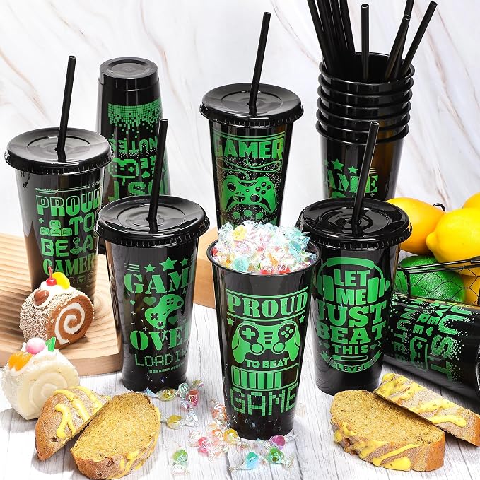 Kochorie 24 Pieces Video Game Plastic Cups 24 Ounces Gaming Party Cups with Lids and Straws Black Green Video Game Tumbler Cups for Birthday Party Video Game Party Supplies Tableware