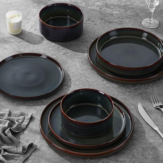 LIANYU Dinnerware Sets with Pasta Bowls, 8 Piece Ribbed Dinnerware Plates and Bowls Set for 2, Elegant Modern Stoneware Dishes Set for Kitchen Dining, Microwave and Dishwasher Safe, Jungle Green