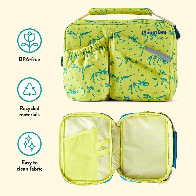 PlanetBox Rover Stainless Steel Bento Box Style Lunch Box Kit for Kids with 5 Compartments, Dino Dig Edition includes Insulated Lunch Bag, Leakproof Food Containers and Matching Jurassic Magnets