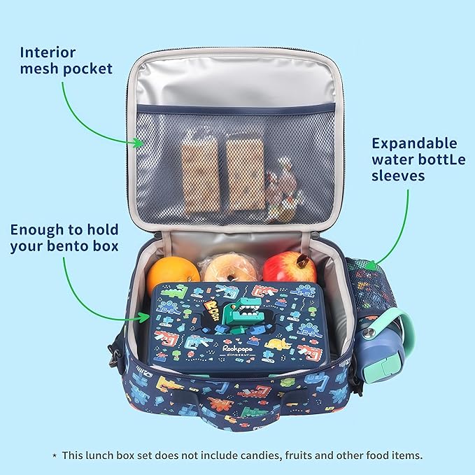 rockpapa Kids Lunch Box Set with 14oz Insulated Water Bottle & Lunch Bag, Leakproof 5.5 Cups Bento Box for School & Children, BPA-Free, Microwave Safe for Boys Girls (Blue Dinosaur)