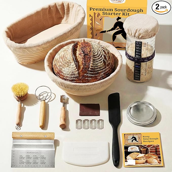 Sourdough Starter Kit – Complete Sourdough Bread Baking Supplies with 24oz Glass Sourdough Starter Jar, 9” Round & 10” Oval Banneton Proofing Basket Set, Sourdough Tools – Artisan Gift for Bakers