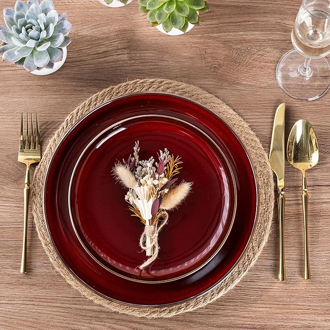 GBHOME Dinnerware Sets for 4, 12 Pieces Stoneware Plates and Bowls Sets, Scratch Resistant Ceramic Dishes, Dishwasher & Microwave Safe, Reactive Glaze-Burgundy