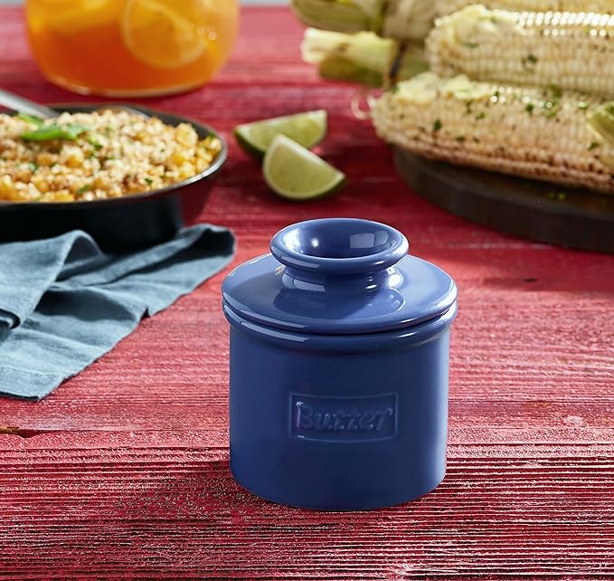 Butter Bell - The Original Butter Bell crock by L Tremain, a Countertop French Ceramic Butter Dish Keeper for Spreadable Butter, Café Retro Collection, Royal Blue, Glossy Finish