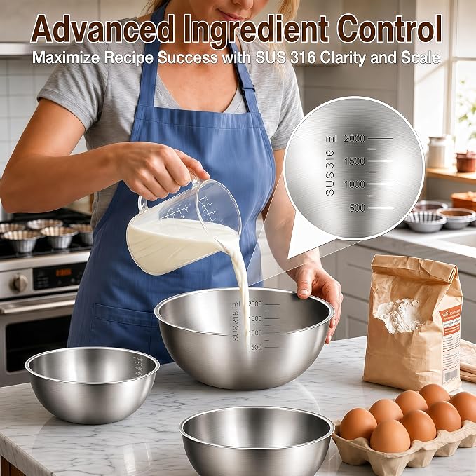 Stainless Steel Mixing Bowls Set of 3, 1.5/2.5/4 Qt Metal Mixing Bowl Set for Baking, Salad, Cooking & Meal Prep, Nesting Stainless Steel Bowls with Measurement Marks, Dishwasher Safe