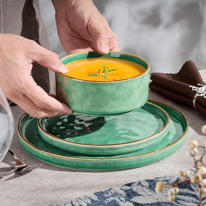 Herogo 12 Pieces Dinnerware Dish Sets for 4, Plates and Bowls Sets for Home Kitchen, Ceramic Dining Dishware, Dishwasher & Microwave Safe, Gemstone Green