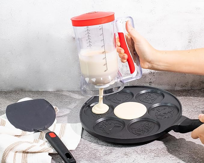 Pancake Batter Dispenser - Kid Friendly & Mess Free Cupcake Batter Dispenser with Squeeze Handle for Precise Portion Control, Also Perfect for Waffles, Crepes, Cakes (4 Cup Capacity)