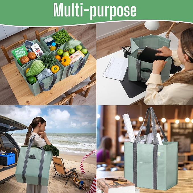 VENO 4 Pack Reusable Grocery Bags, Heavy-Duty Shopping Bags with Handles, Bags for Shopping Cart with Hard Bottom to Stand Upright, Foldable, Multi-Purpose(Light Green, 4 Pack)
