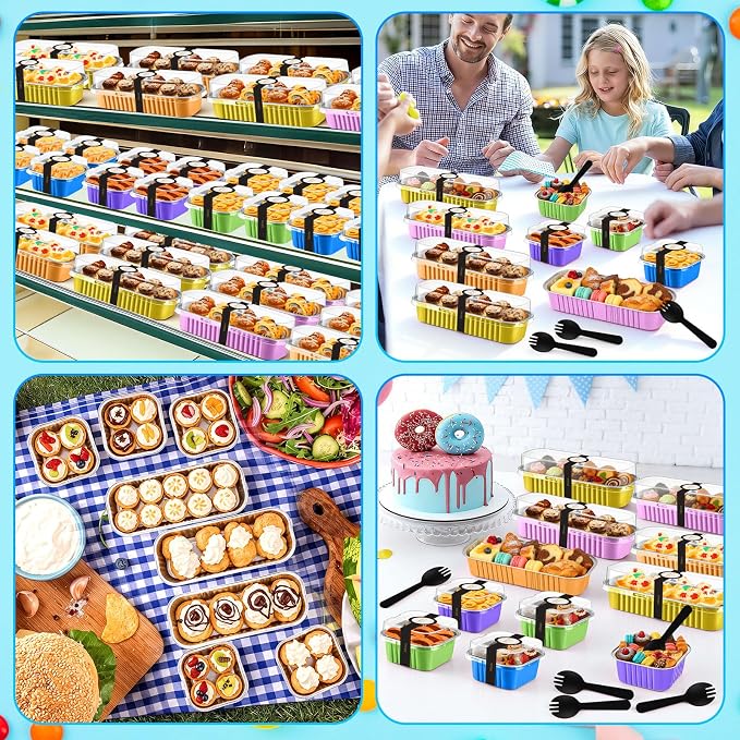 LemonRoad 240 Sets Mini Loaf Pan with Lids and Spoons 6.8oz Rectangular Aluminum Foil Bread Pan 5oz Square Cake Cup with Decal Disposable Baking Supply for Graduate Wedding Birthday (Candy Colors)