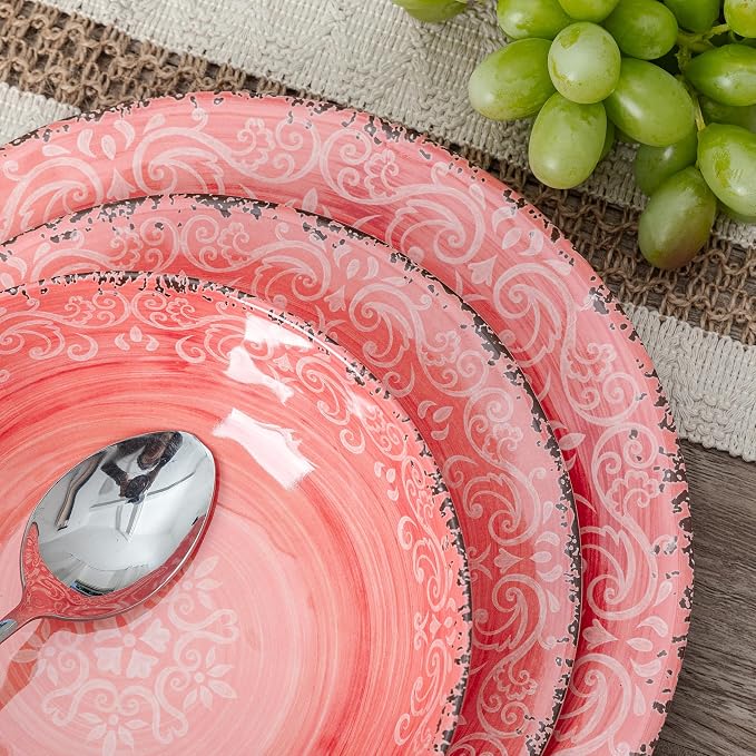 12-Piece Farmhouse Melamine Dinnerware Set, Elegant Unbreakable plates and bowls sets, BPA Free Dinner Dishes serving Set, Service for 4, Perfect for Indoor/Outdoor Dining, Peach pink Red