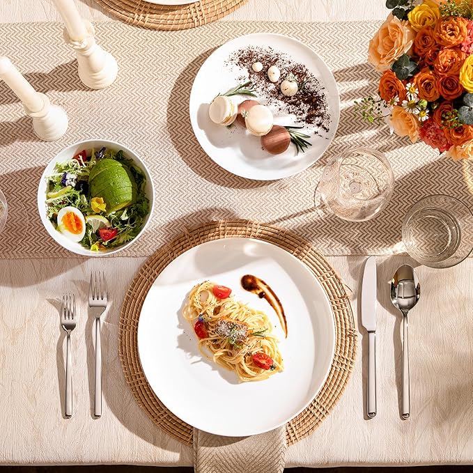 KINGSTONE 12-Piece Bone China Dinnerware Set for 4, Lightweight Porcelain Round Plates and Bowls Set, Durable Scratch Resistant Ceramic Dinner Set, Microwave & Dishwasher Safe, Ivory White