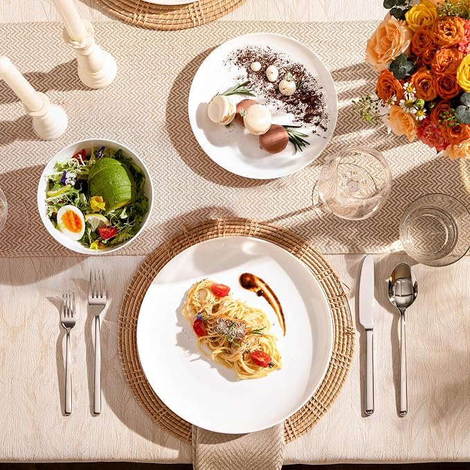 KINGSTONE 24-Piece Bone China Dinnerware Set for 8, Lightweight Porcelain Round Plates and Bowls Set, Durable Scratch Resistant Ceramic Dinner Set, Microwave & Dishwasher Safe, Ivory White