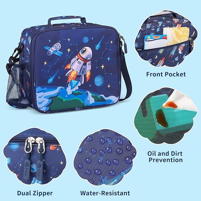 rockpapa Kids Lunch Box Set with 14oz Insulated Water Bottle & Lunch Bag, Leakproof 5.5 Cups Bento Box for School & Children, BPA-Free, Microwave Safe for Boys Girls (Blue Rocket)
