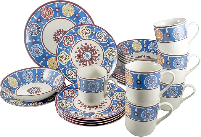 Tudor Royal Collection 24-Piece Premium Quality Round Porcelain Dinnerware Set, Service for 6 - SUMAYA Blue, See 10 Designs Inside!