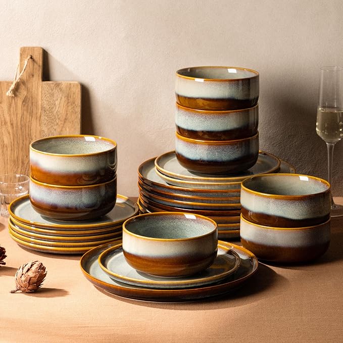 Ceramic Dinnerware Sets for 8, 24 Pieces Handmade Reactive Glaze Plates and Bowls Set, Scratch Resistant Dish Set, Oven & Microwave & Dishwasher Safe, Dusk Blue