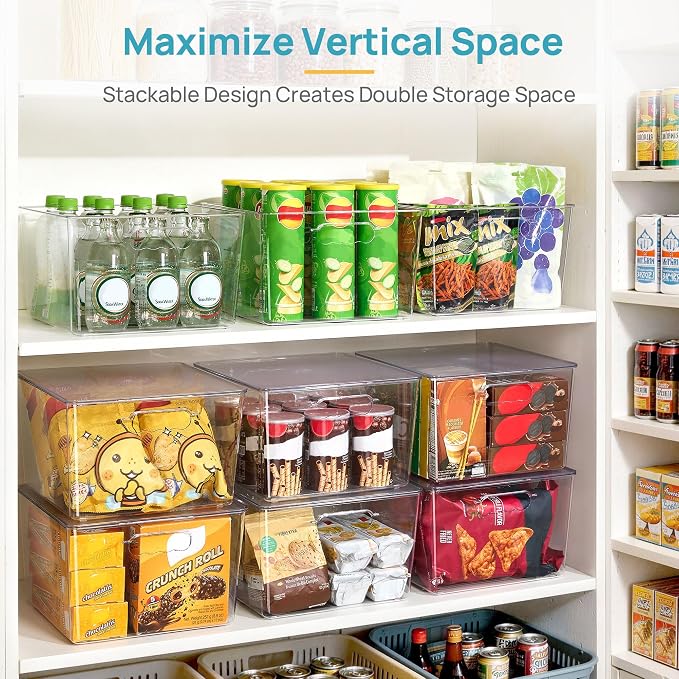 Vtopmart 4 Pack Extra Large Clear Stackable Storage Bins with Lids, 11x11 Cube Organizer with Handle, Plastic Containers for Pantry, Closet, LaundryRoom, Kitchen, Bathroom, UnderSink Organization