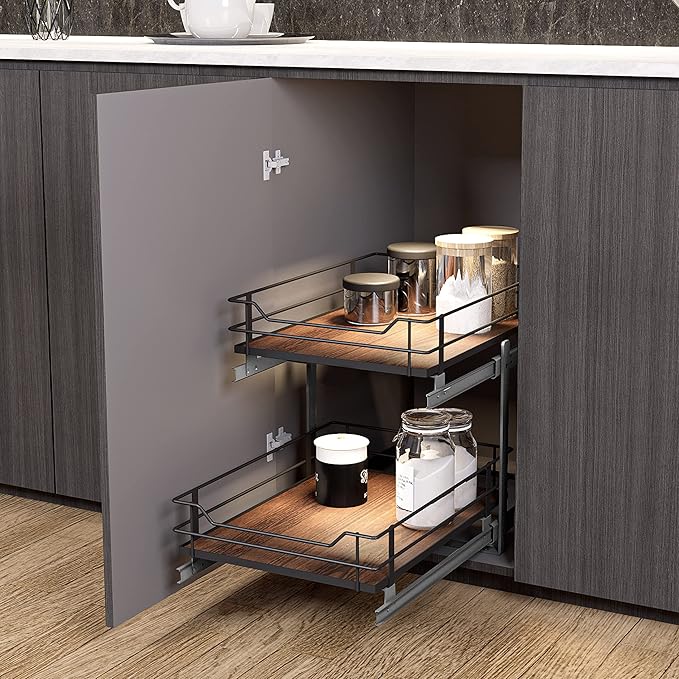 Home Zone Living Pull Out Kitchen Cabinet Organizer with 2 Tiers of Storage for Easy Access, 15”W x 20”D, Matte Black With Dark Brown, Virtuoso Collection
