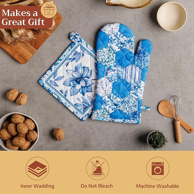 Maison d'Hermine Oven Gloves 100% Cotton Oven Mitt 7" x 13" with Loop Heat Resistant BBQ Cooking Gloves Baking Grilling Gifts for Mothers Day Spring/Summer (Pack of 1, Summer Blues)