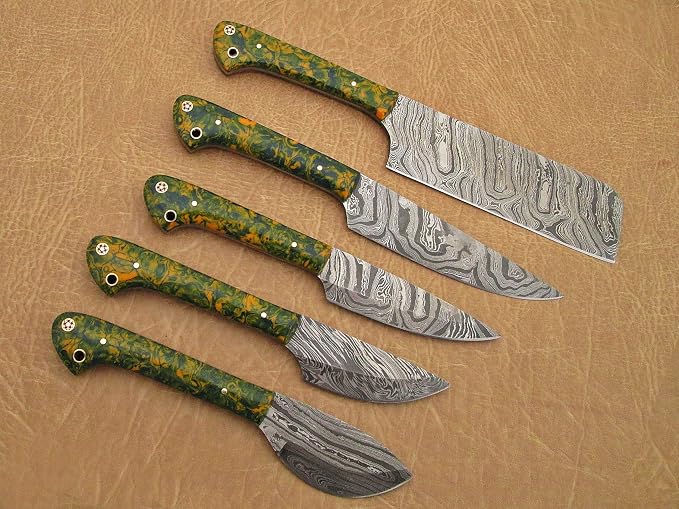 Custom made hand forged Damascus steel full tang blade kitchen knife set, Overall 40 inches Length of Damascus sharp knives (10.6+9.6+9.0+8.0+7.6) Inches, Leather suede sheath (Camouflage Green)