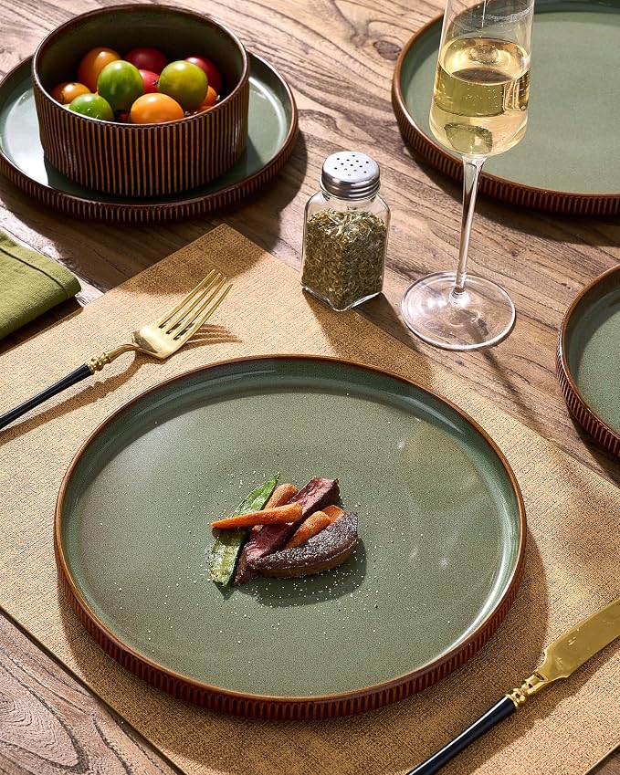 24-Piece Dinnerware Set Service for 8, Famiware Premium Stoneware Dish Set with Ribbed Plates and Deep Bowls, Double Reactive Glaze, Chip & Scratch Resistant, Microwave & Dishwasher Safe, Moss Cocoa