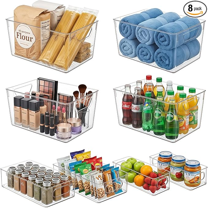 8 Pack Clear Plastic Storage Bins - Stackable Pantry Organizer Bins for Kitchen, Fridge, Cabinet - Clear Acrylic Containers for Food, Snacks and Home Organization
