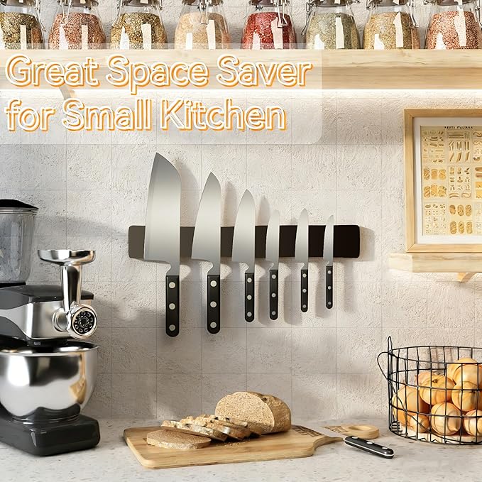 Magnetic Knife Holder for Wall, Acacia Wood Knife Magnetic Strip No Drill Knife Magnet Storage Bar Magnetic Tool Key Holder Strip for Kitchen Utensil Organizer (Black, 24 Inch)