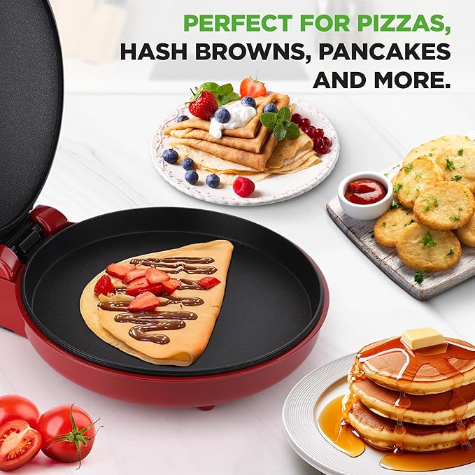 NutriChef Countertop Pizza Maker | 1500W Non-Stick Electric Pizza Cooker | Make 12" Personal Pizzas, Eggs, Toast & More | Cool-Touch Handles, Compact & Space-Saving | Temp Range 175-400°F | Red