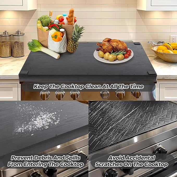 WOLKI Noodle Board Stove Covers for Gas Burners, 30"L x 22"W x 2.4"Th Heavyweight Stove Top Covers for Electric Stove, Buil-in Handles, RV Stove Cover, Wooden Serving Tray, Black